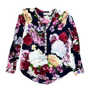 Magazine Navy Multicolored Floral Long Sleeve Semi Sheer Trim Top Blouse Size M